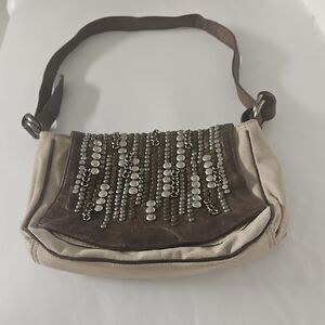 TRUCCO Canvas Shoulder Bag With Studded Distressed Leather Flap